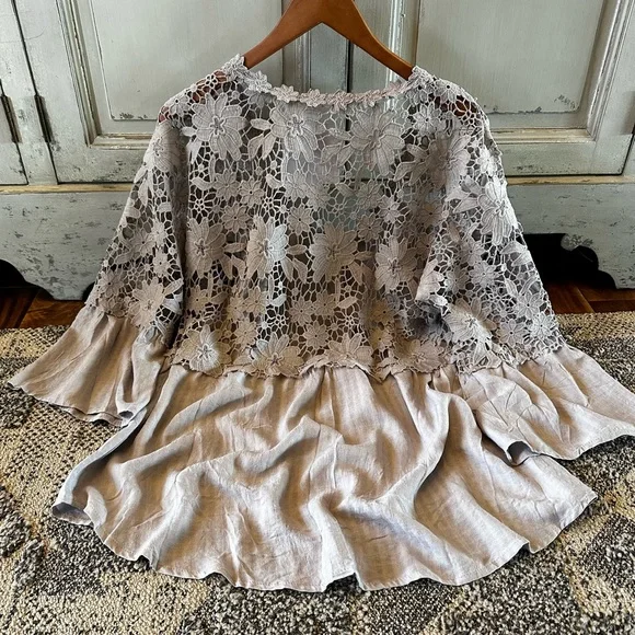 New Boho Grey Lace Festival Button Front Blouse Western Boutique Vintage - Picture 4 of 6